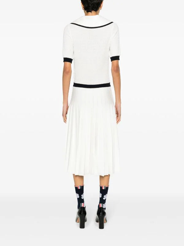 THOM BROWNE Women Pointelle Tuck Stitch Peter Pan Collar Dress W/Pleated Bottom In Cotton