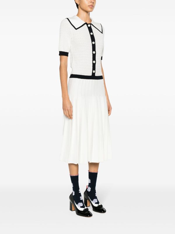 THOM BROWNE Women Pointelle Tuck Stitch Peter Pan Collar Dress W/Pleated Bottom In Cotton