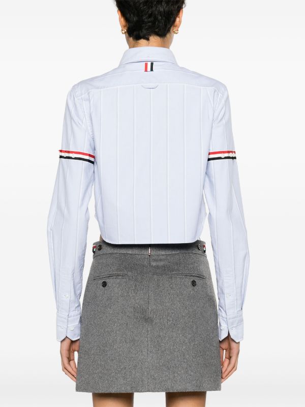 THOM BROWNE Women Cropped Button Down Point Collar Shirt W/Armbands In Shadow Stripe Oxford