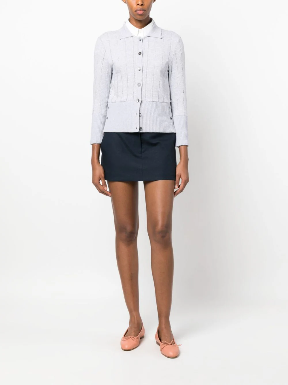 THOM BROWNE Women 3/4 Sleeve Polo Collar Cardigan In Cotton Pointelle