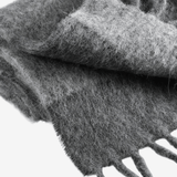 Close up of the grey scarf, showing texture of the alpaca fabric