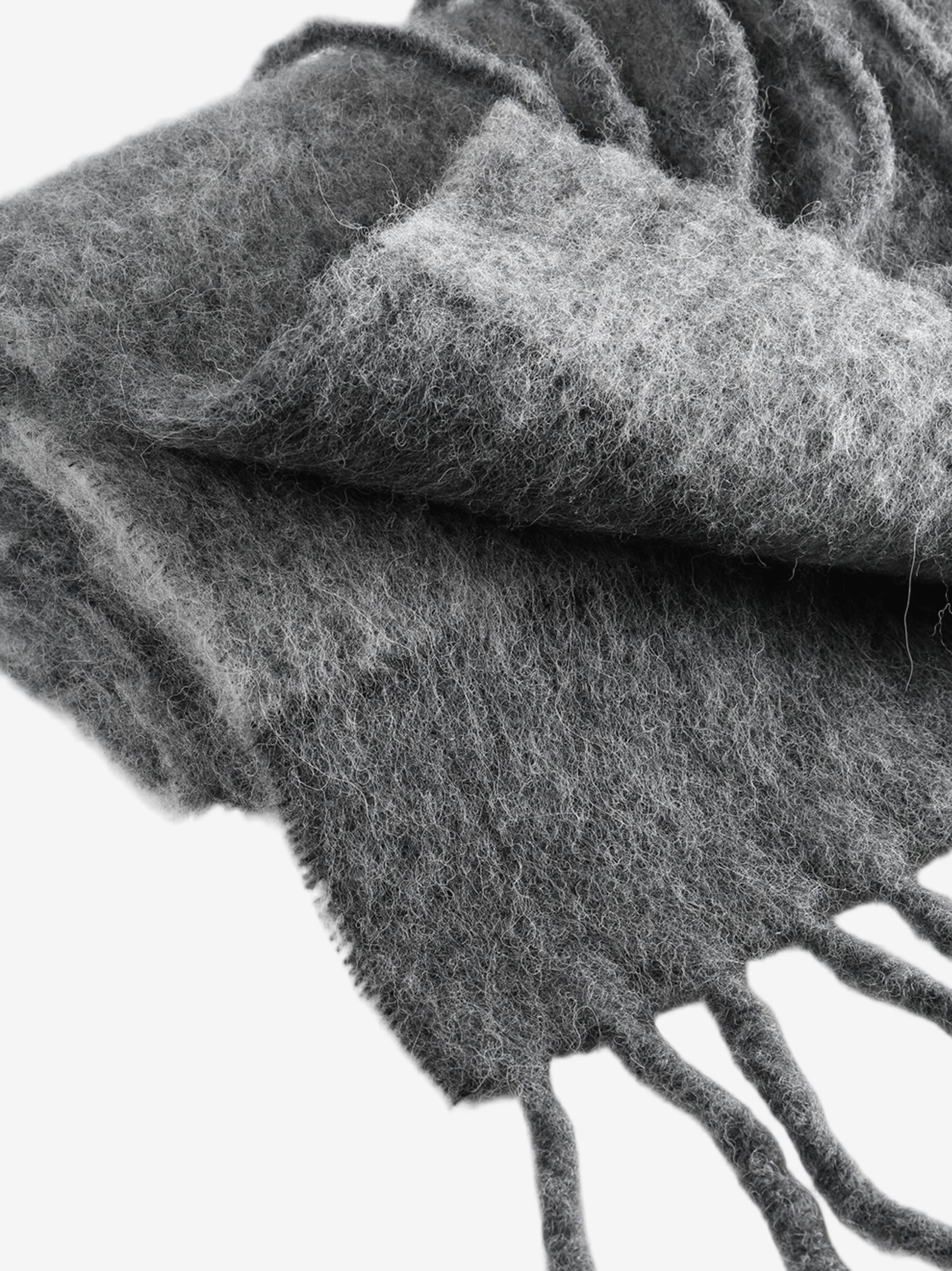 Close up of the grey scarf, showing texture of the alpaca fabric