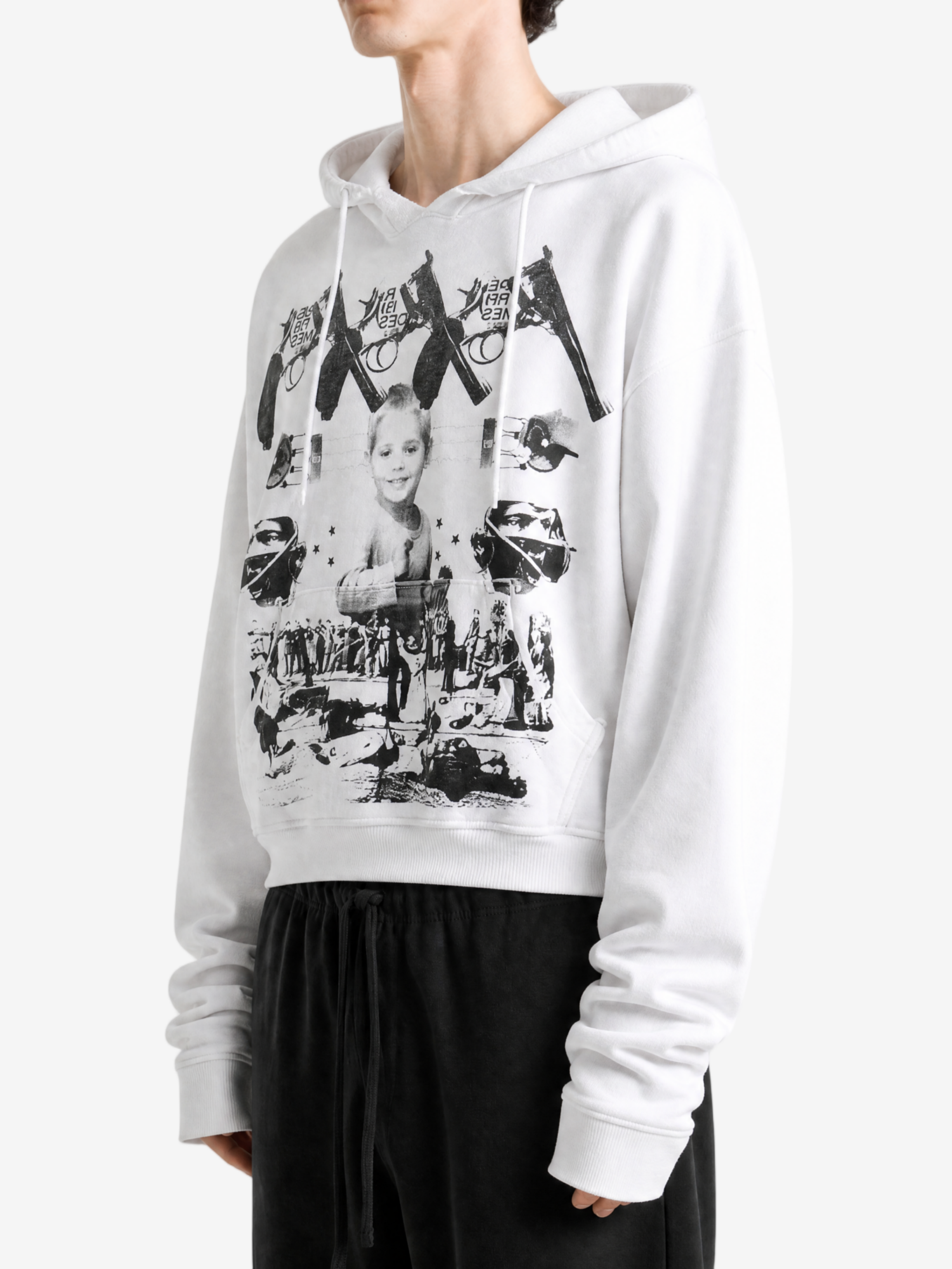 White hoodie worn by a person, showing the hoodie fit