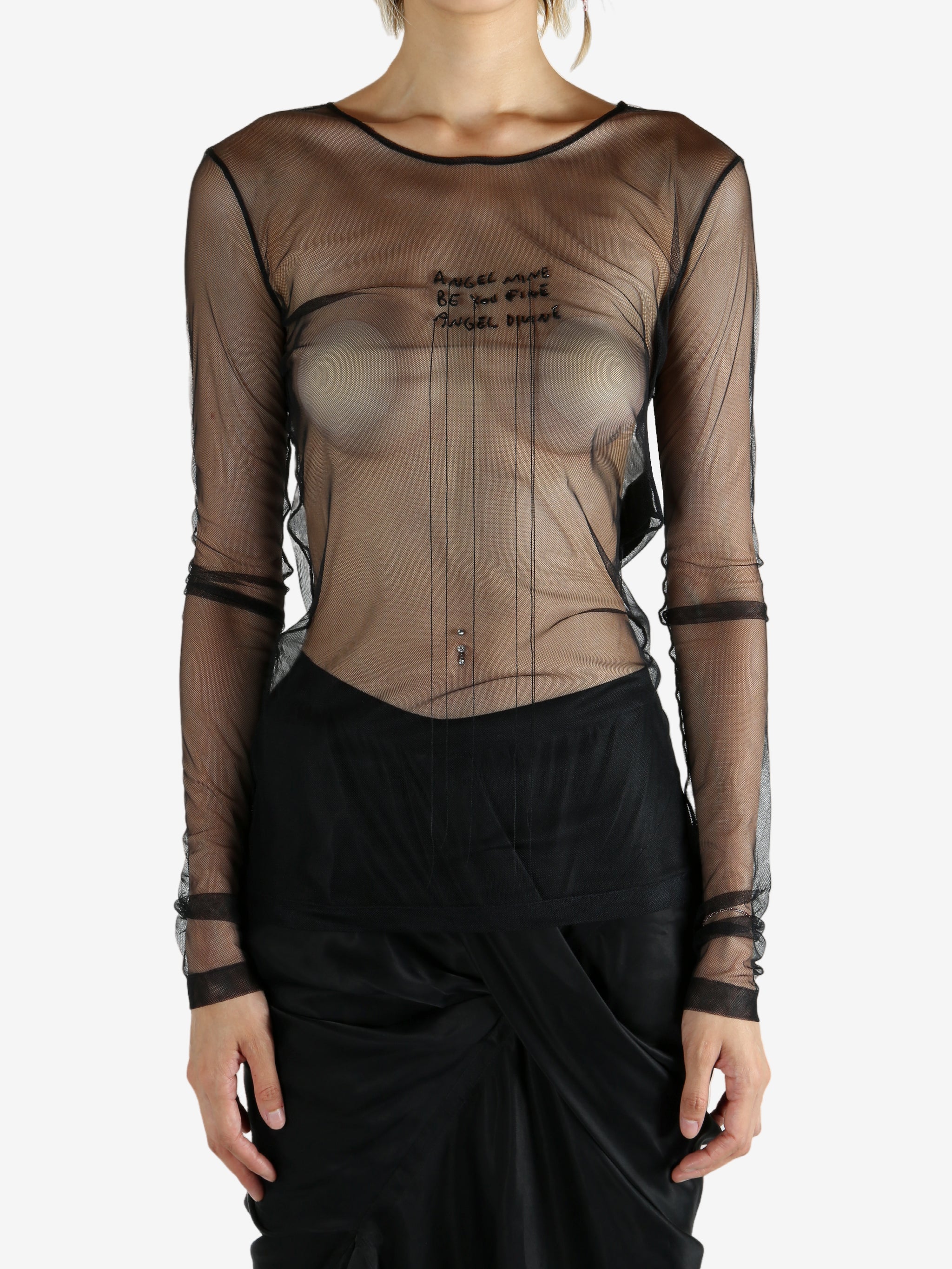 Black t-shirt worn by a person, showing the t-shirt's fit