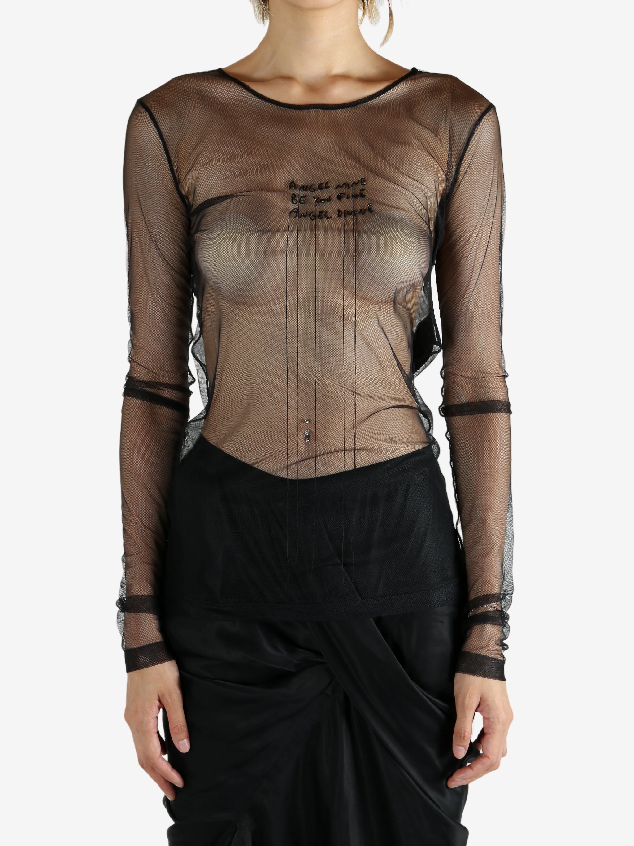 Black t-shirt worn by a person, showing the t-shirt's fit