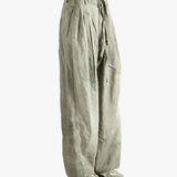 Light green wide-leg pants worn by a person, showing the pants fit