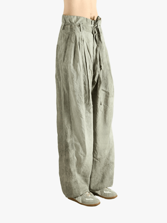 Light green wide-leg pants worn by a person, showing the pants fit