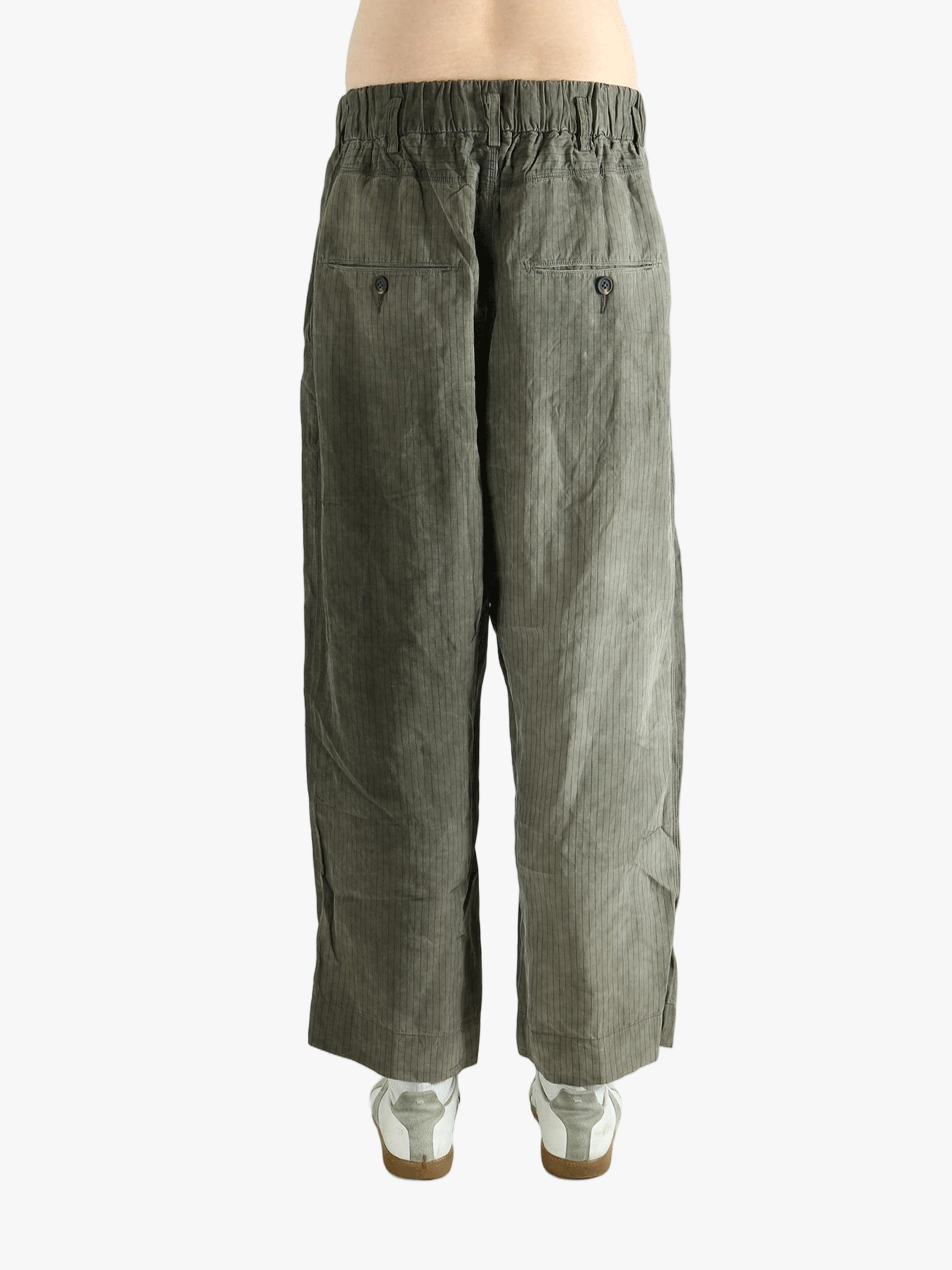 Green baggy pants worn by a person,showing the pants fit