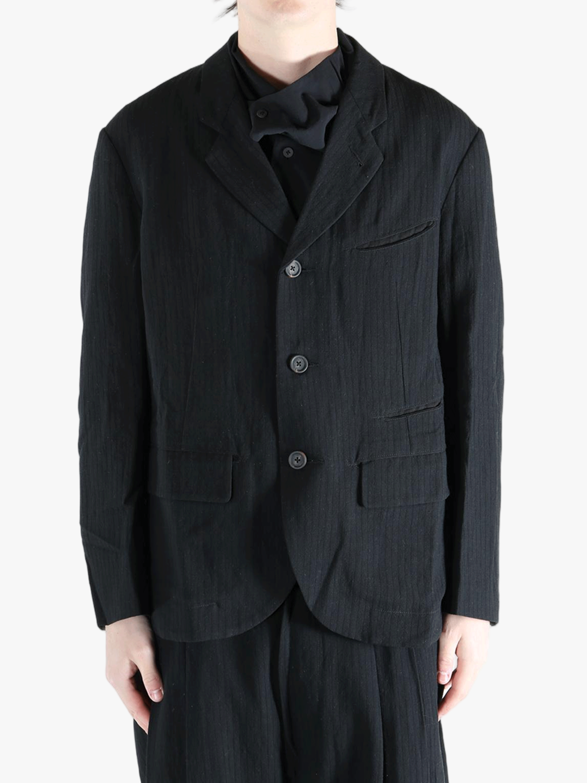 black jackets-coats worn by a person, showing the jackets-coats fit