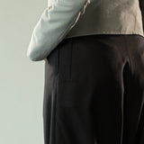 Close up of black pants, showing texture of the wool twill fabric