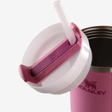 Close up of pink tumbler, showing texture of the stainless steel fabric