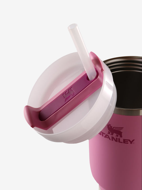 Close up of pink tumbler, showing texture of the stainless steel fabric