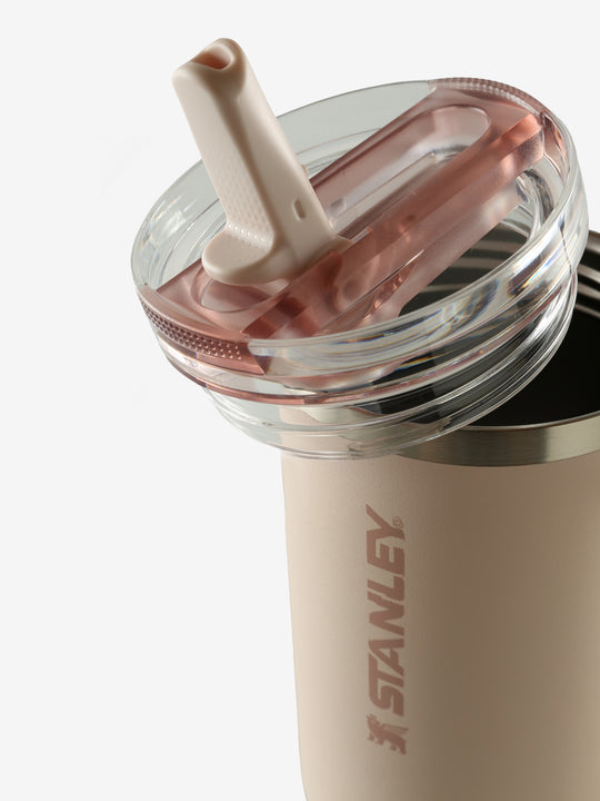 Close up of pink tumbler, showing texture of the stainless steel fabric