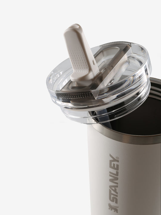 Close up of white tumbler, showing texture of the stainless steel fabric
