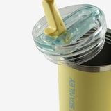 Close up of yellow tumbler, showing texture of the stainless steel fabric