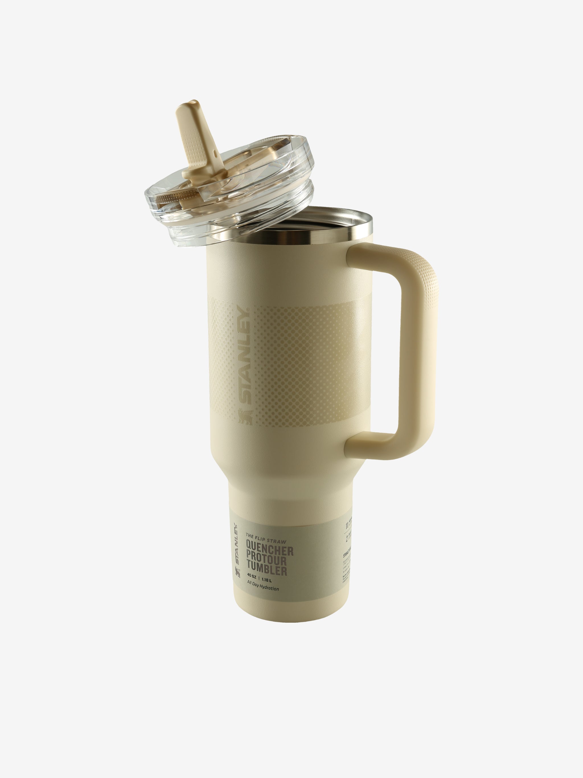 Tan tumbler, side view