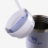 Close up of blue tumbler, showing texture of the stainless fabric