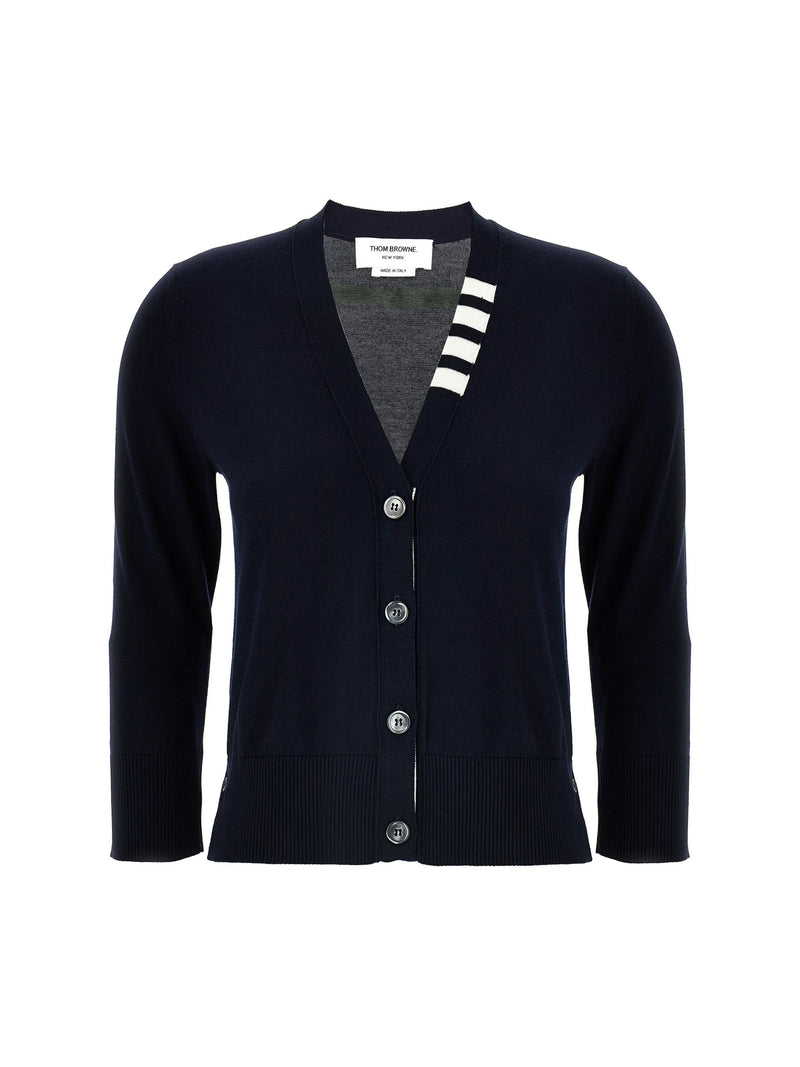 THOM BROWNE - Women Jersey Stitch 3/4 Sleeve  W/4 Bar Stripe V Neck Cardigan