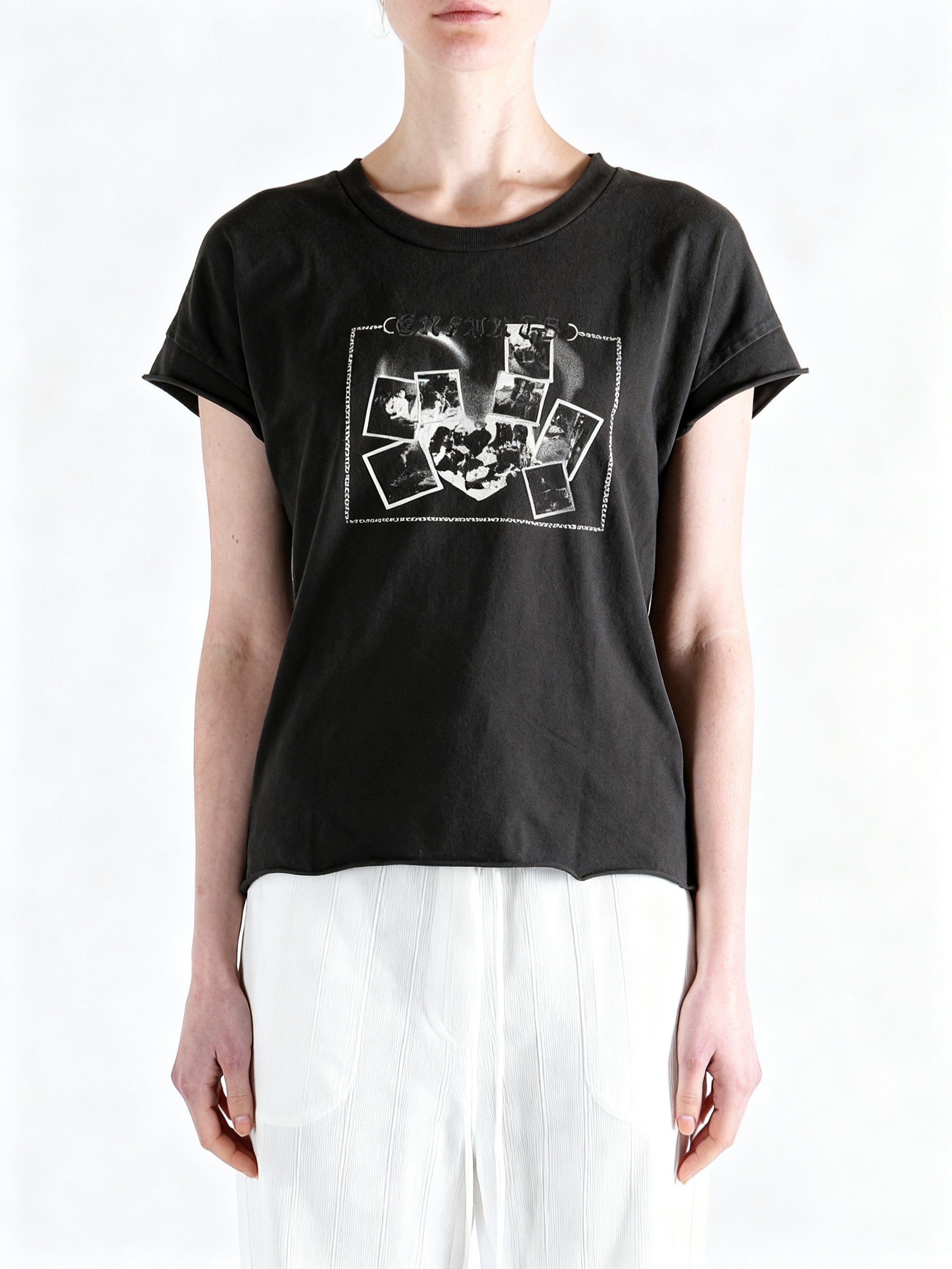 Black t-shirt worn by a person, showing the t-shirt fit