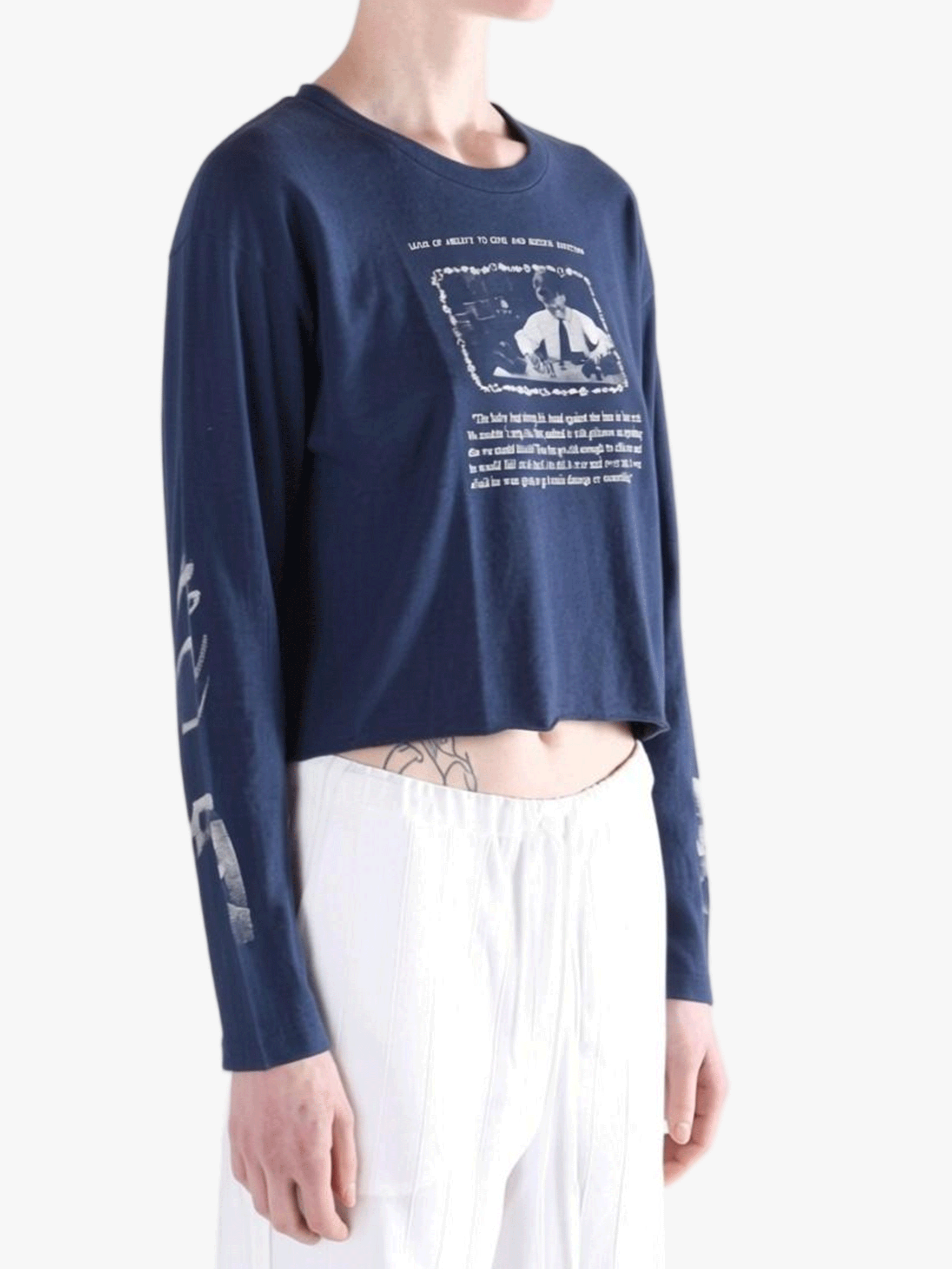 Navy t-shirt worn by a person, showing the t-shirt fit