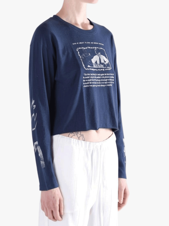 Navy t-shirt worn by a person, showing the t-shirt fit