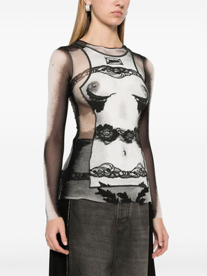 JEAN PAUL GAULTIER - Women "Petit Grand" Rib Printed Printed "Body Lace Mariniere" Mesh Top