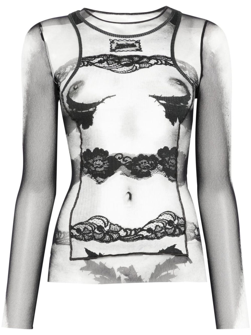 JEAN PAUL GAULTIER - Women "Petit Grand" Rib Printed Printed "Body Lace Mariniere" Mesh Top