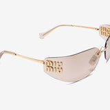 Close up of pink eyewear, showing texture of the metal fabric