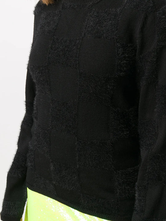 Close up of black knitwear , showing texture of the wool fabric