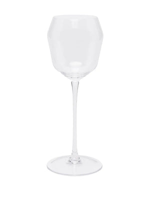 Transparent red wine glass, front view