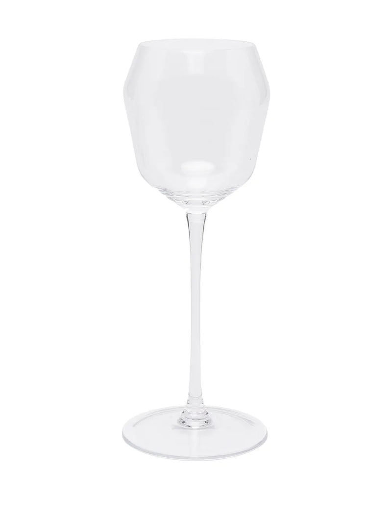 Transparent red wine glass, front view