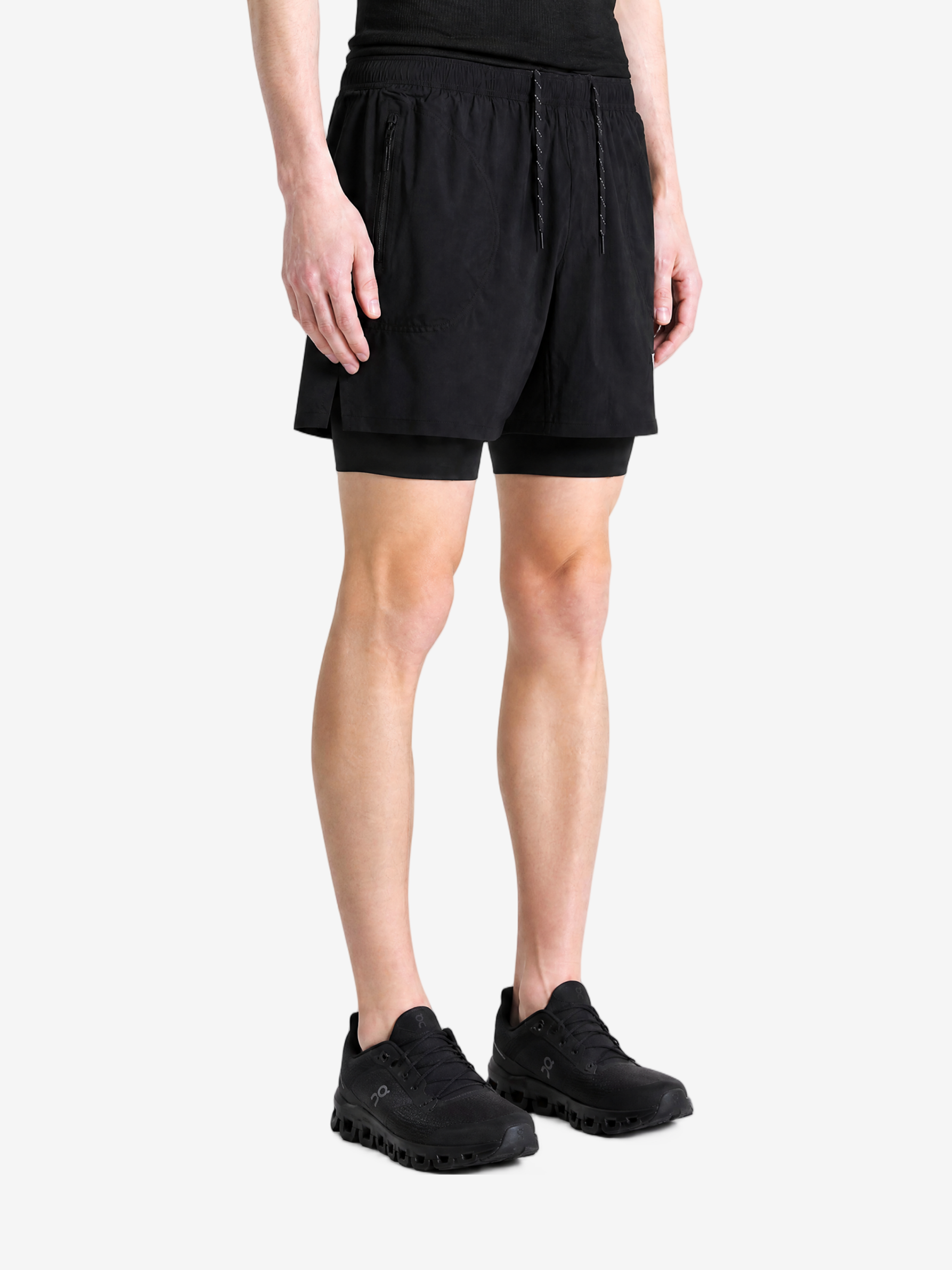 Black shorts, full body view