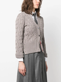 THOM BROWNE Women Crisscross Cable Stitch 3/4 Sleeve Neck Cardigan In Merino Wool W/ Rolled Cuffs And Rwb Tabs