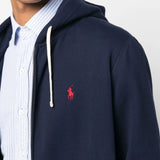 Close up of navy hoodie , showing texture of the fabric