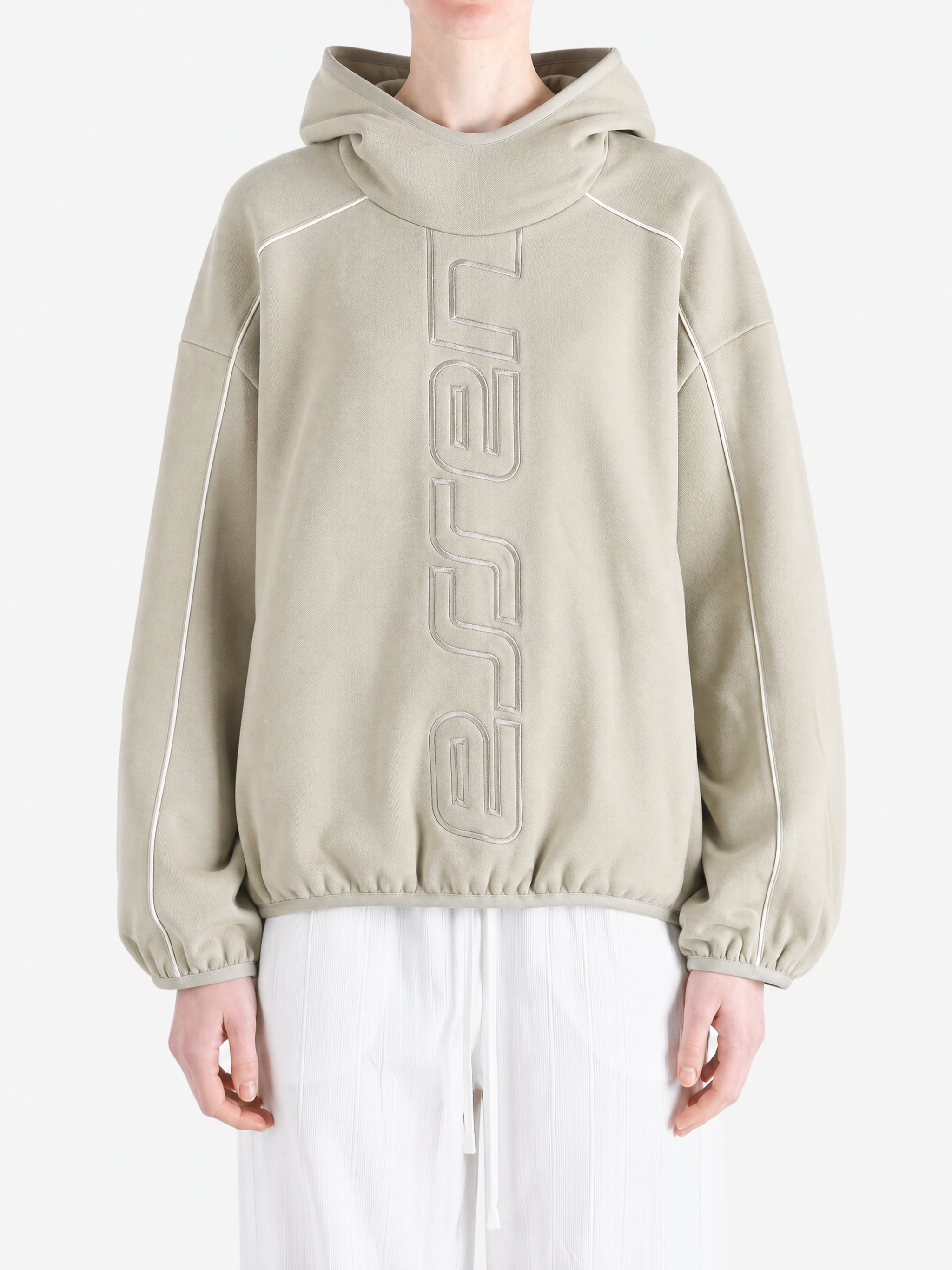 Tan hoodie, full body view