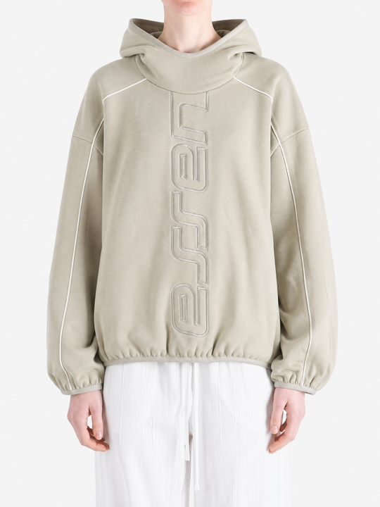 Tan hoodie, full body view