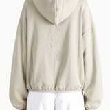 Tan hoodie, full body view