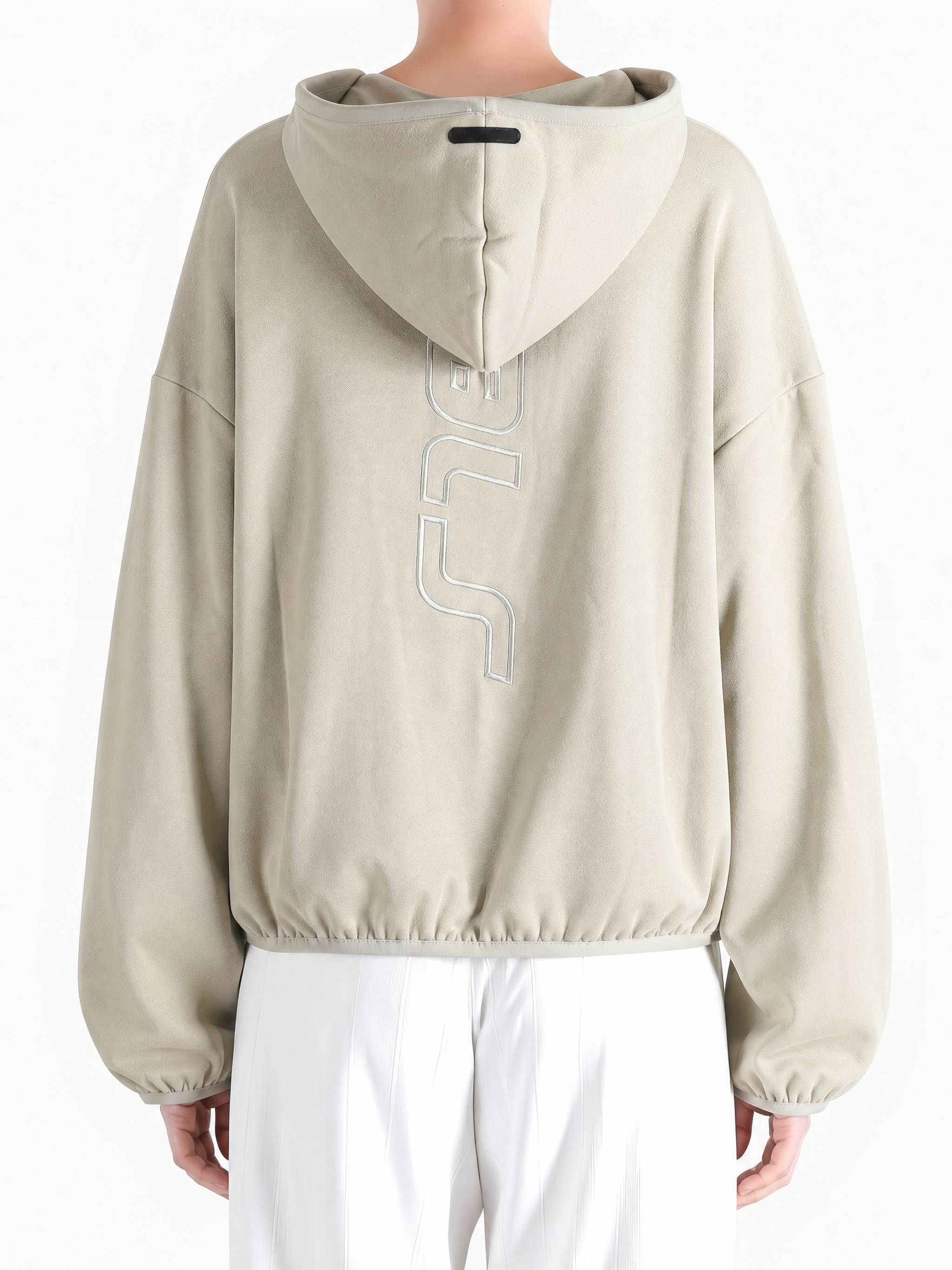 Tan hoodie, full body view