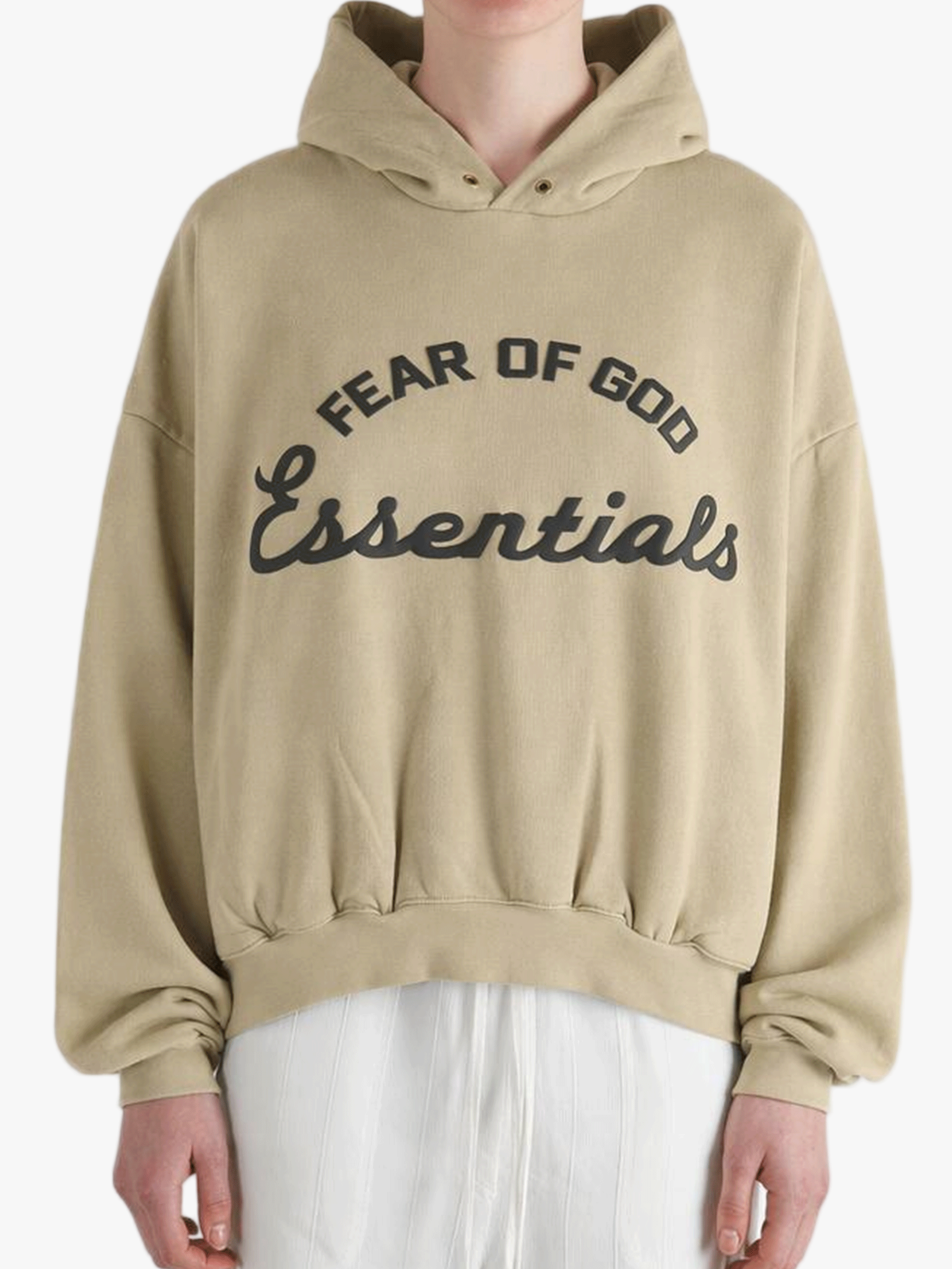 Tan hoodies worn by a person, showing the hoodies fit