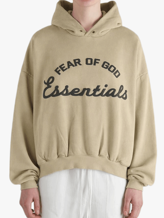 Tan hoodies worn by a person, showing the hoodies fit