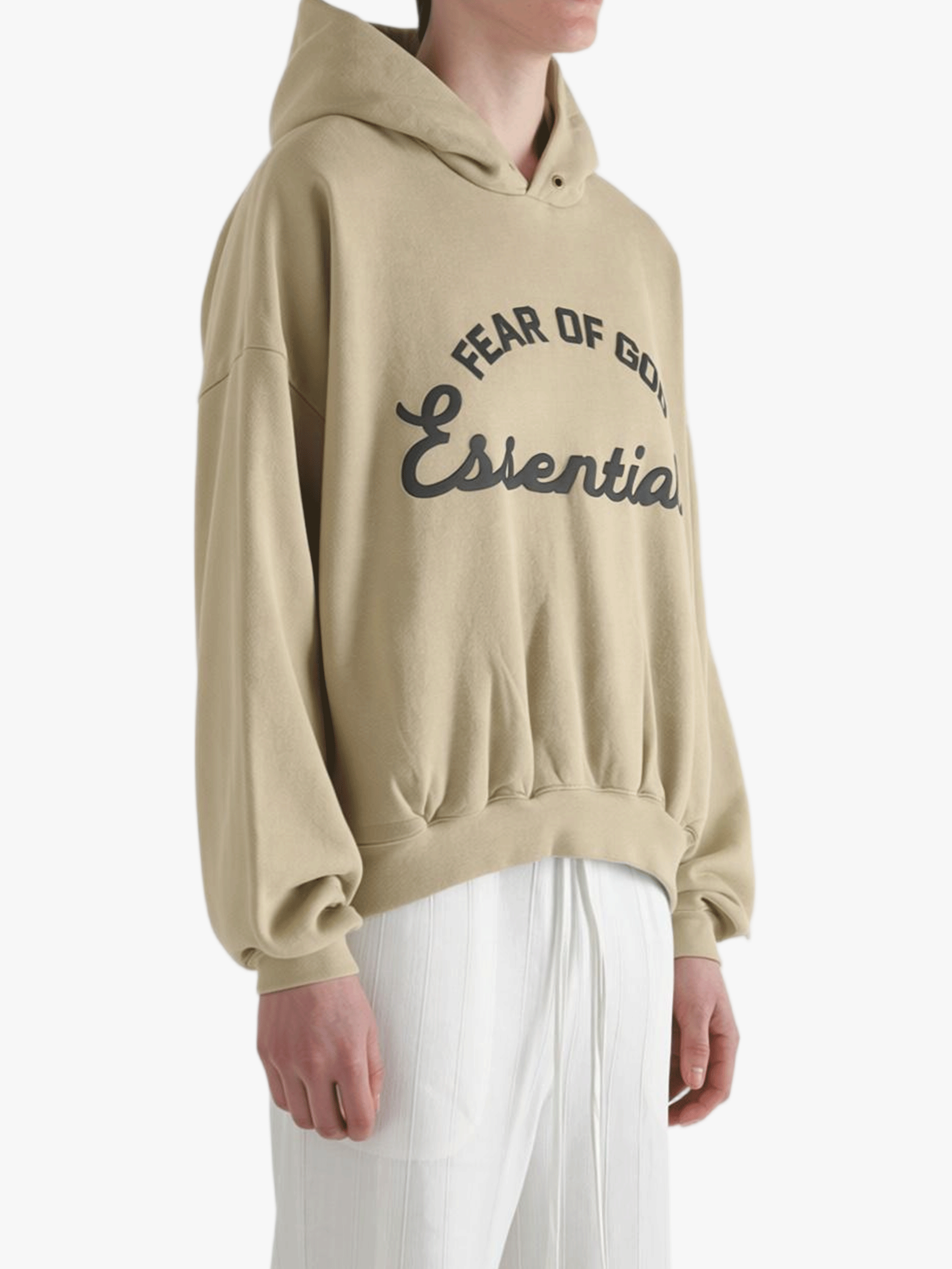 Tan hoodies worn by a person, showing the hoodies fit