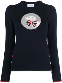THOM BROWNE Women Hector&Bow Jersey Intarsia In Merino Wool With Tipping Crew Neck Pullover