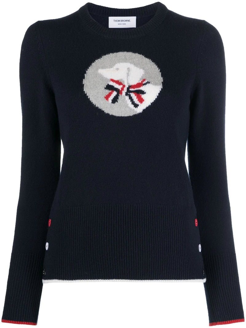 THOM BROWNE Women Hector&Bow Jersey Intarsia In Merino Wool With Tipping Crew Neck Pullover