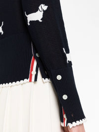 THOM BROWNE Women Hector Half Drop Intarsia Over Pointelle In Cotton W/ Stripe Tipping Crew Neck Cardigan
