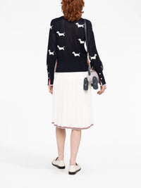 THOM BROWNE Women Hector Half Drop Intarsia Over Pointelle In Cotton W/ Stripe Tipping Crew Neck Cardigan