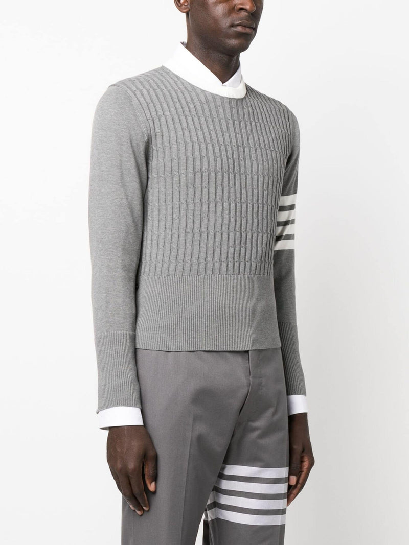 THOM BROWNE - Men Placed Baby Cable Classic Crewneck Neck Pullover in Cotton W/ 4 Bar