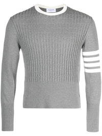 THOM BROWNE - Men Placed Baby Cable Classic Crewneck Neck Pullover in Cotton W/ 4 Bar