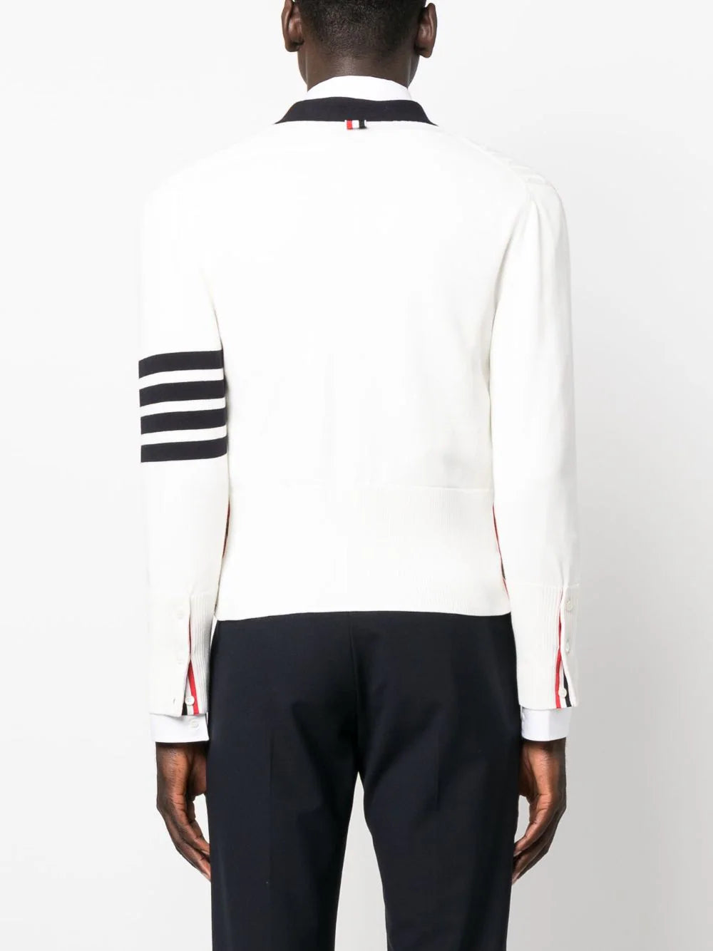 THOM BROWNE Men Placed Baby Cable Rib Stitch V Neck Cardigan In Cotton W/ 4 Bar Stripe