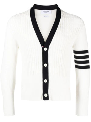 THOM BROWNE Men Placed Baby Cable Rib Stitch V Neck Cardigan In Cotton W/ 4 Bar Stripe