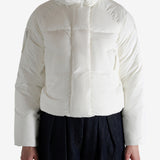 white down jacket，worn by a person, showing the down jacket fit